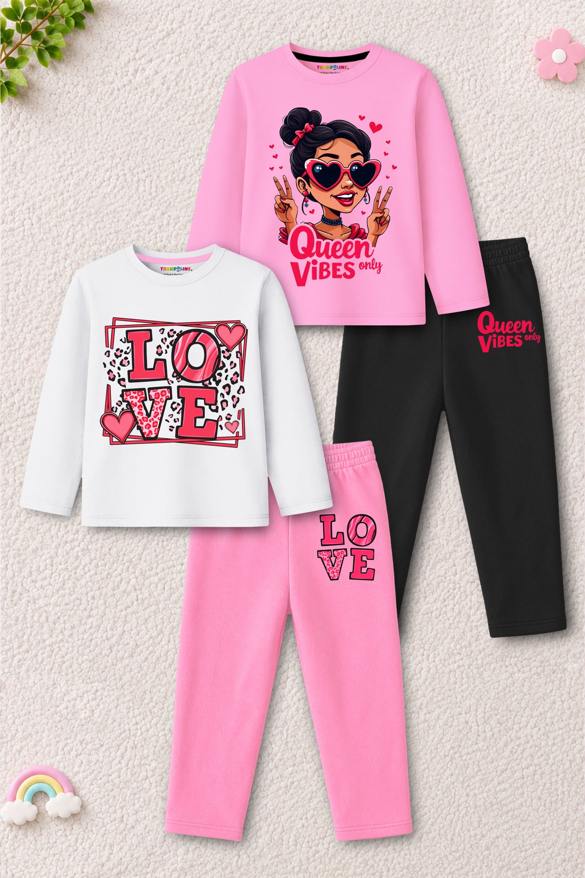 Trampoline Girls Cotton Blend Love & Queen Vibes Print T-Shirt & Pyjama Set – Pack of 2 (Multi Colour)