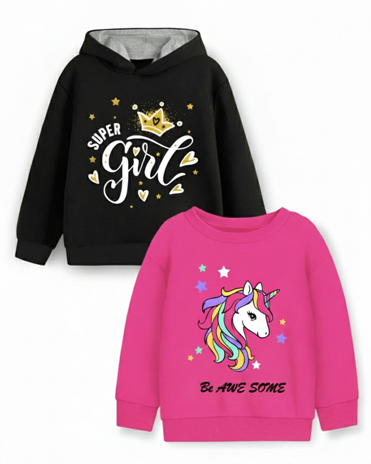 Trampoline Fleece Knit Full Sleeves Girl & Unicorn Printed Winter Sweatshirt Pack Of 2 - Black Pink