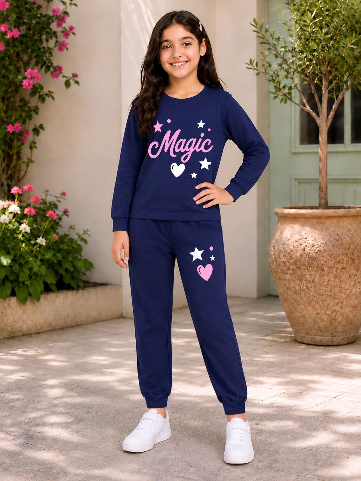 Trampoline Girls Cotton Blend Magic Cat Print T-Shirt with Trackpants Set – Navy Blue