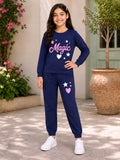 Trampoline Girls Cotton Blend Magic Cat Print T-Shirt with Trackpants Set – Navy Blue