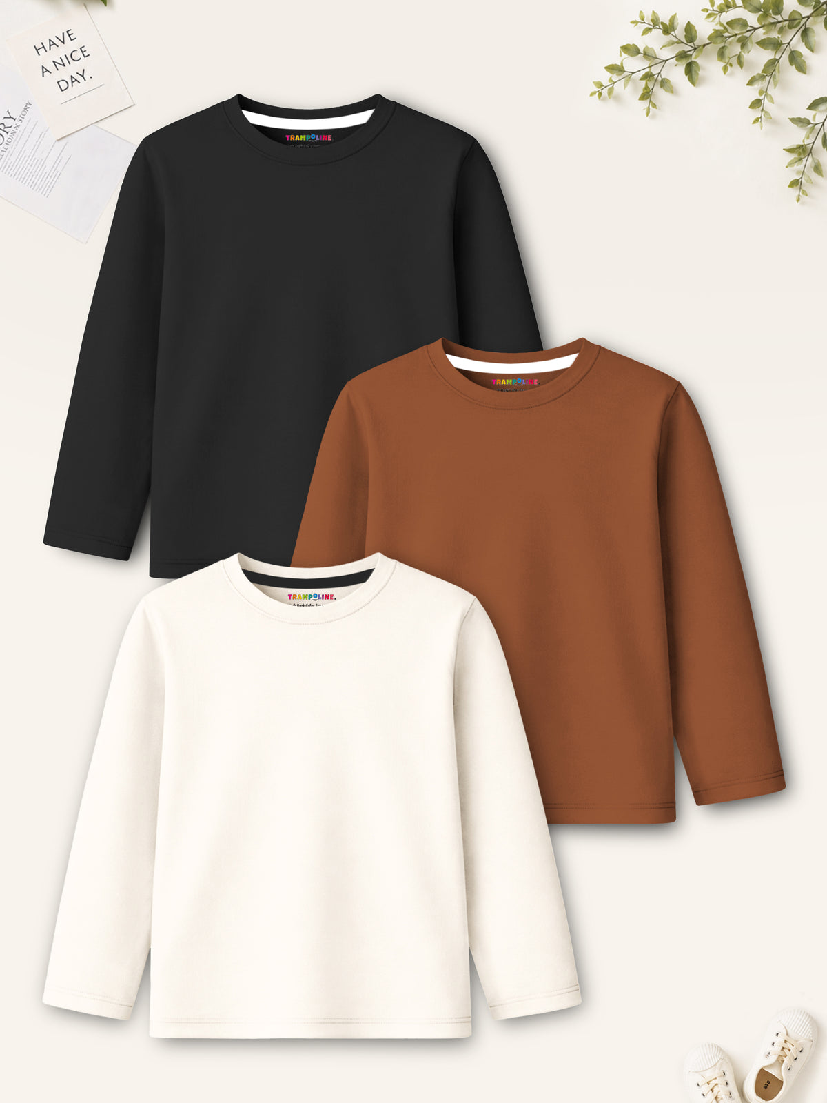 Trampoline Boys Cotton Blend Solid Full Sleeve T-Shirts – Pack of 3 (Black, Brown & Cream)