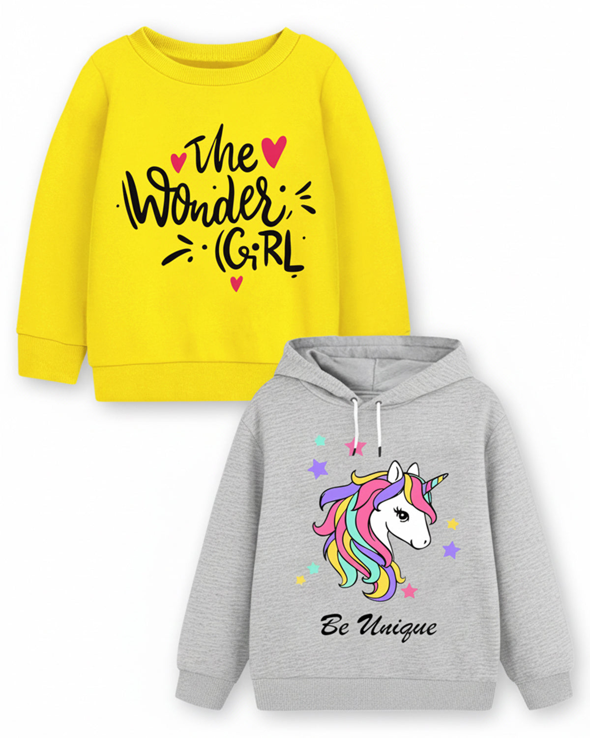 Trampoline Fleece Knit Full Sleeves The Wonder Girl & Unicorn Printed Winter Sweatshirt Pack Of 2 - Yellow Grey