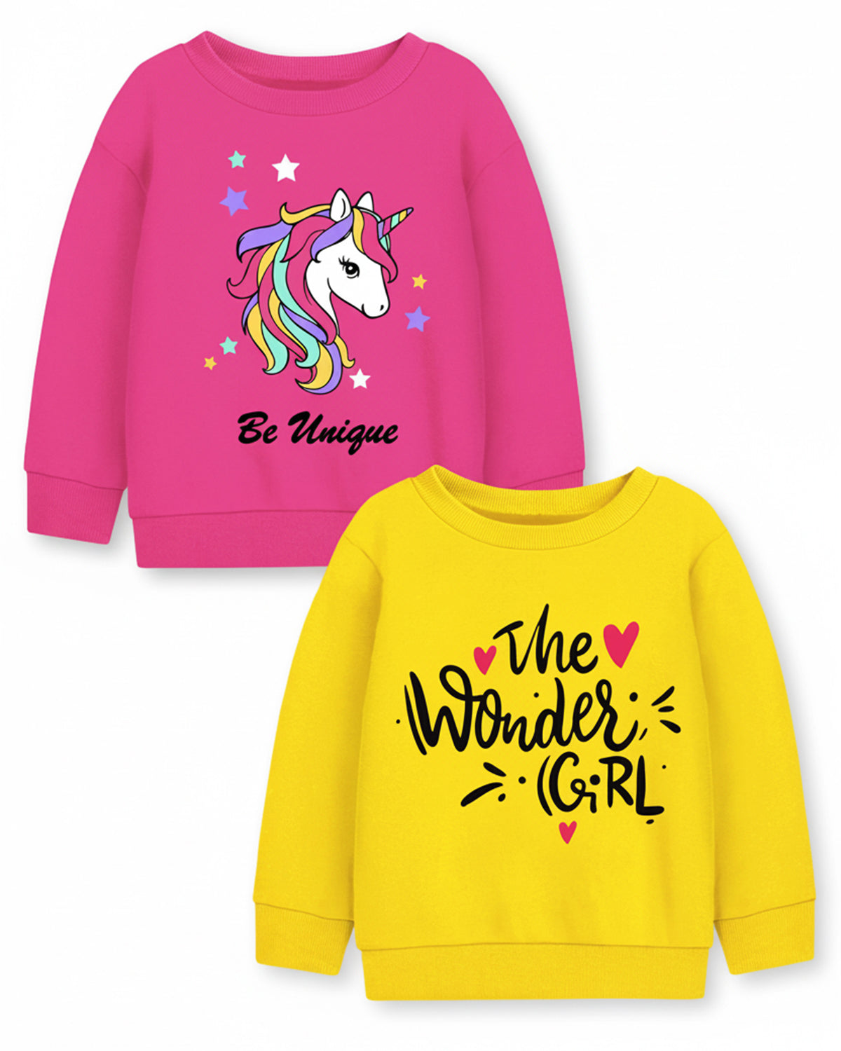 Trampoline Fleece Knit Full Sleeves Unicorn & The Wonder Girl Printed Winter Sweatshirt Pack Of 2 - Pink Yellow