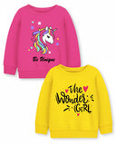 Trampoline Fleece Knit Full Sleeves Unicorn & The Wonder Girl Printed Winter Sweatshirt Pack Of 2 - Pink Yellow