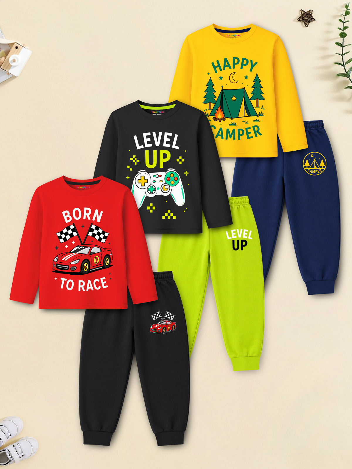 Trampoline Boys Cotton Blend Racing & Camping Print T-Shirt & Pyjama Set – Pack of 3 (Multi Colour)
