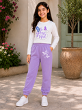 Trampoline Girls Cotton Blend Butterfly Print Crop Top with Sweatpants Set – White & Purple