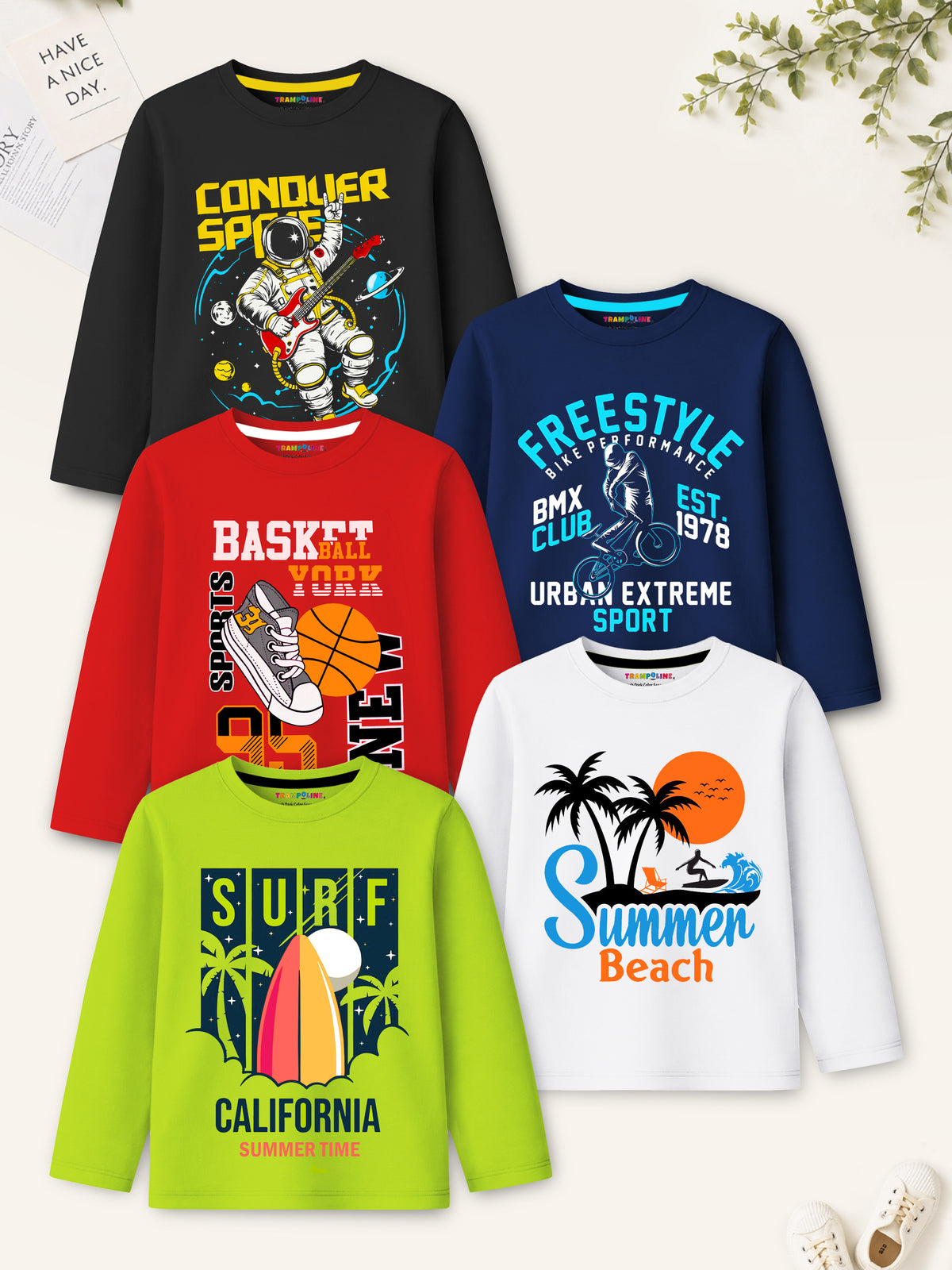 Trampoline Boys Cotton Blend Space, Beach & Sport Print Full Sleeve T-Shirts – Pack of 5 (Multi Colour)