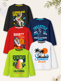 Trampoline Boys Cotton Blend Space, Beach & Sport Print Full Sleeve T-Shirts – Pack of 5 (Multi Colour)