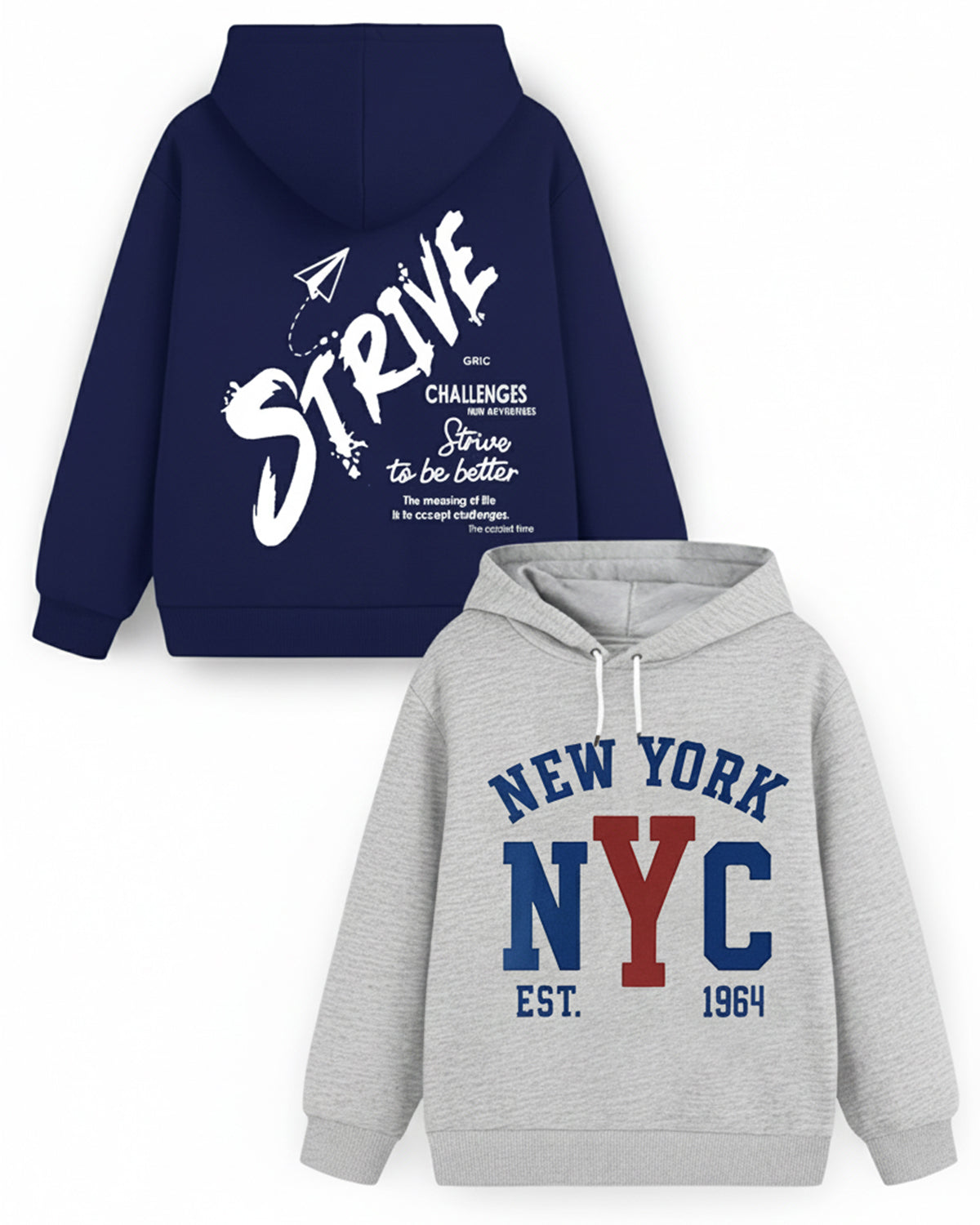 Trampoline Fleece Knit Full Sleeves Strive & Nyc Printed Winter Sweatshirt Pack Of 2 - Navy Blue Grey