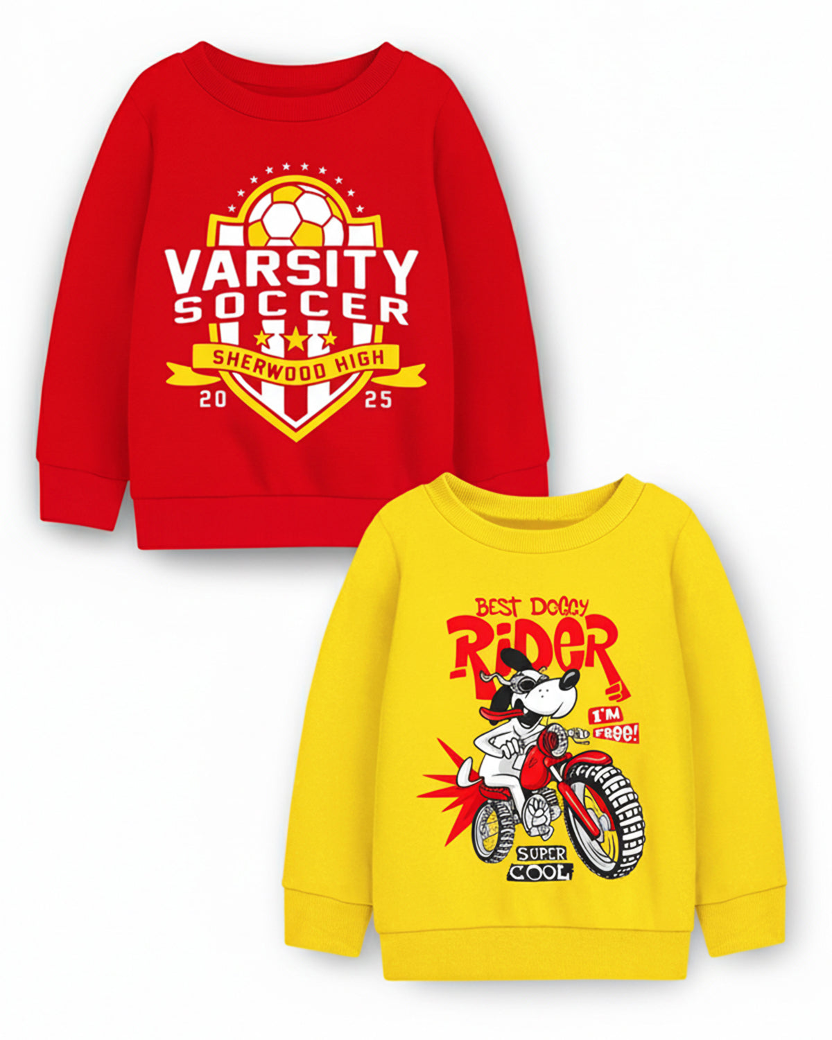 Trampoline Fleece Knit Full Sleeves Varsity Soccer & Bike Printed Winter Sweatshirt Pack Of 2 - Red Yellow