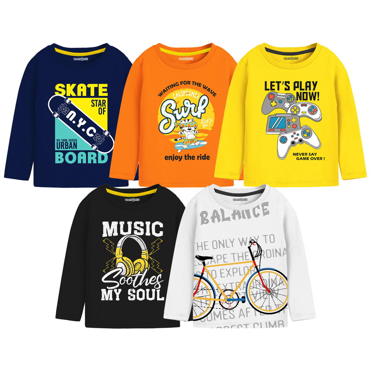 Trampoline Boys Full Sleeves Regular Fit T-Shirt (Pack of 5)