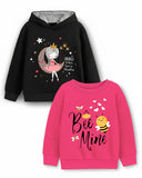 Trampoline Fleece Knit Full Sleeves Bee Mine Printed Winter Sweatshirt Pack Of 2 - Black Pink