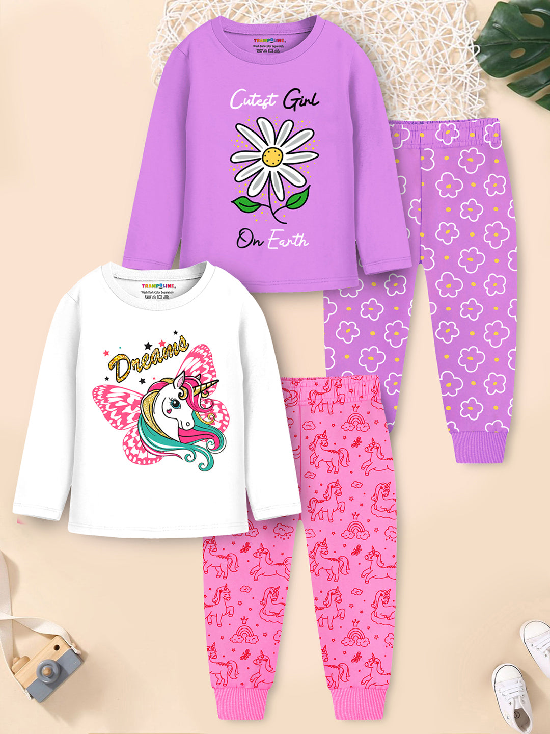 Trampoline Kids Girls Unicorn & Flower T-Shirt & Pajama Set Pack of 2 - Multicolor