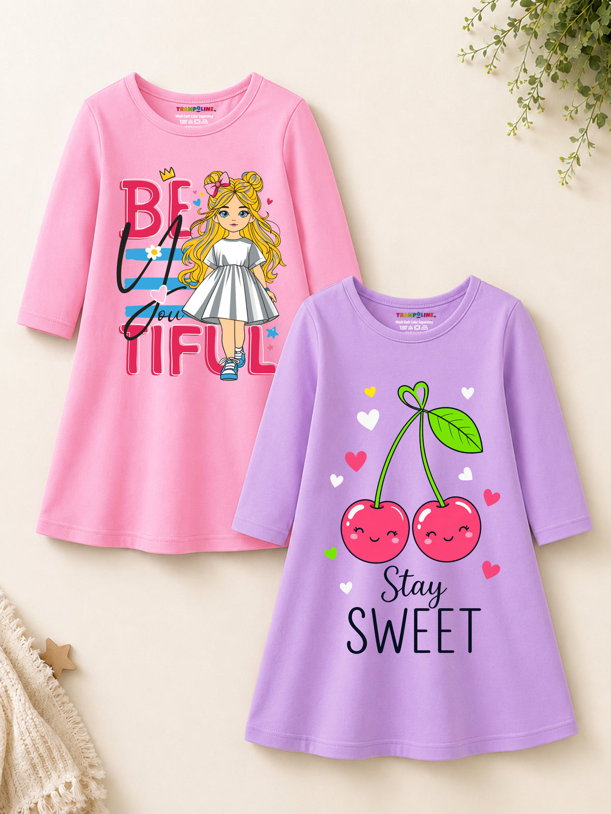 Trampoline Girls Cotton Blend Bunny & Cherry Print A-Line Dress – Pack of 2 (Pink & Purple)