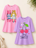 Trampoline Girls Cotton Blend Bunny & Cherry Print A-Line Dress – Pack of 2 (Pink & Purple)