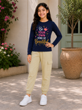 Trampoline Girls Cotton Blend Printed T-Shirt with 4 Pocket Cargo Jogger – Navy Blue & Beige