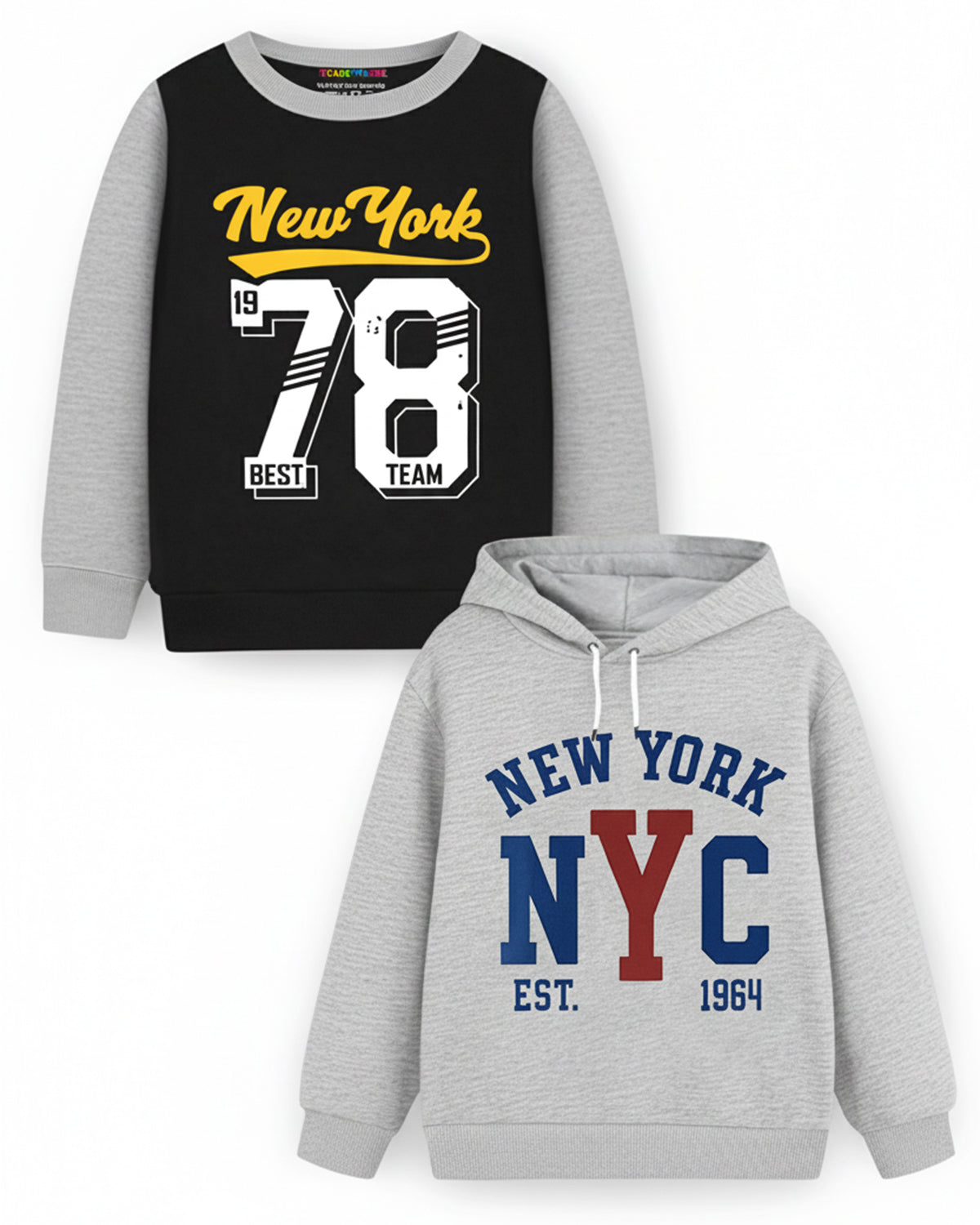 Trampoline Fleece Knit Full Sleeves New York Printed Color Block Winter Sweatshirt Pack Of 2 - Grey