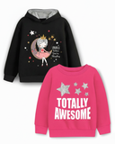 Trampoline Fleece Knit Full Sleeves Totally Awesome Printed Winter Sweatshirt Pack of 2 - Black Pink