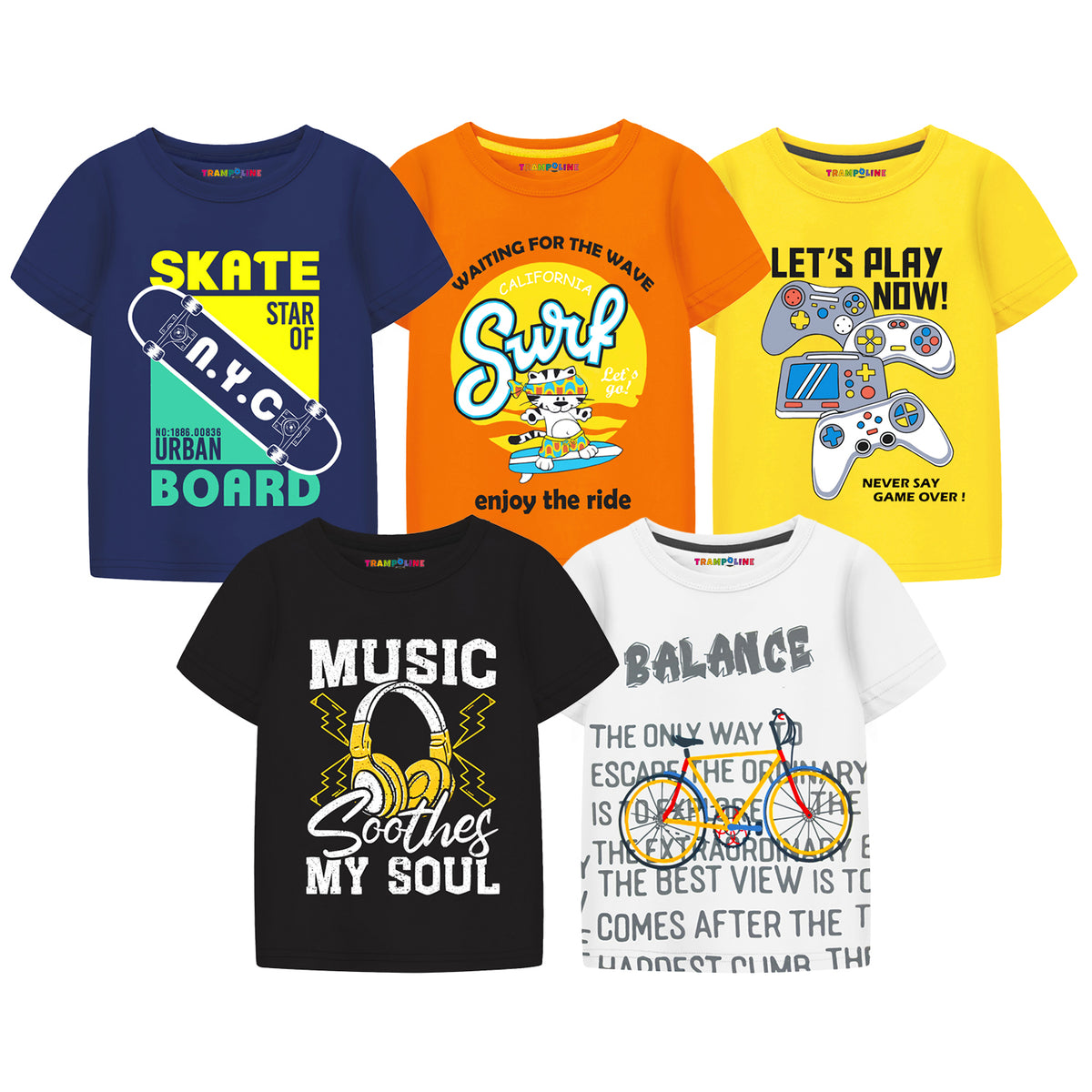 Trampoline Boys Half Sleeves Regular Fit T-Shirt (Pack of 5)
