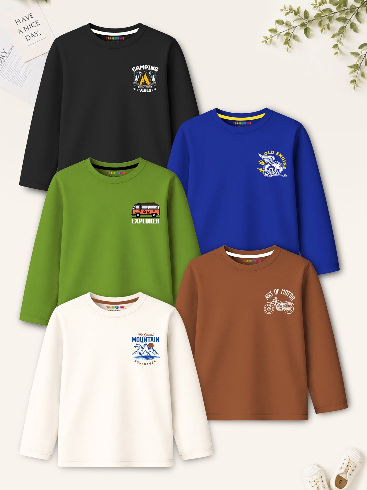 Trampoline Boys Cotton Blend Vehicles & Camping Print Full Sleeve T-Shirts – Pack of 5 (Multi Colour)