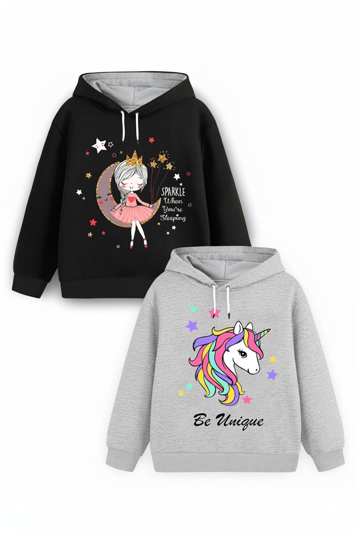 Trampoline Fleece Knit Full Sleeves Unicorn Printed Hooded Winter Sweatshirt Pack of 2 - Black Grey