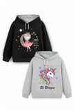 Trampoline Fleece Knit Full Sleeves Unicorn Printed Hooded Winter Sweatshirt Pack of 2 - Black Grey