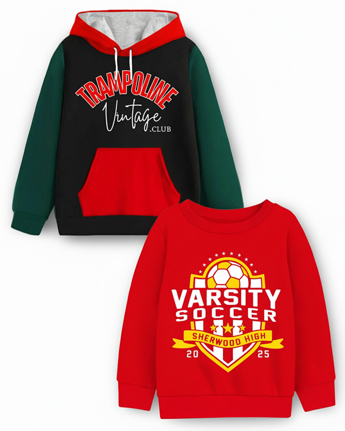 Trampoline Fleece Knit Full Sleeves Trampoline & Varsity Soccer Printed Winter Sweatshirt Pack of 2 - Multi Colour