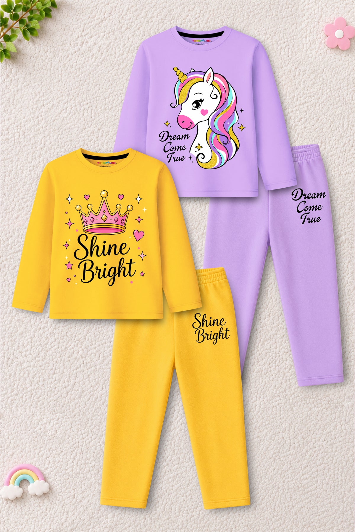 Trampoline Girls Cotton Blend Unicorn & Shine Bright Print T-Shirt & Pants Set – Pack of 2 (Purple & Yellow)