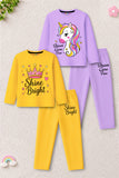 Trampoline Girls Cotton Blend Unicorn & Shine Bright Print T-Shirt & Pants Set – Pack of 2 (Purple & Yellow)