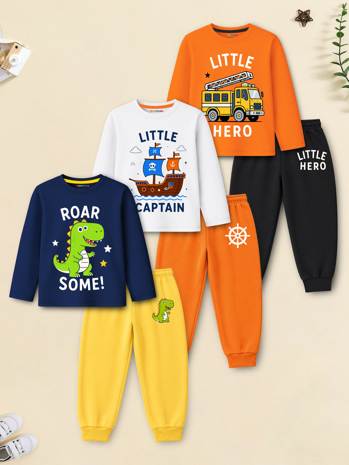 Trampoline Boys Cotton Blend Fire Truck & Dinosaur Print T-Shirt & Pyjama Set – Pack of 3 (Multi Colour)