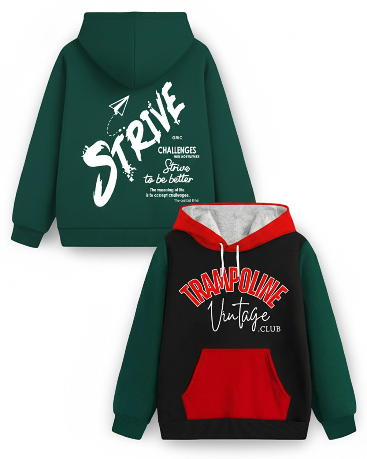 Trampoline Fleece Knit Full Sleeves Strive & Trampoline Printed Hooded Winter Sweatshirt Pack Of 2 - Multi Colour