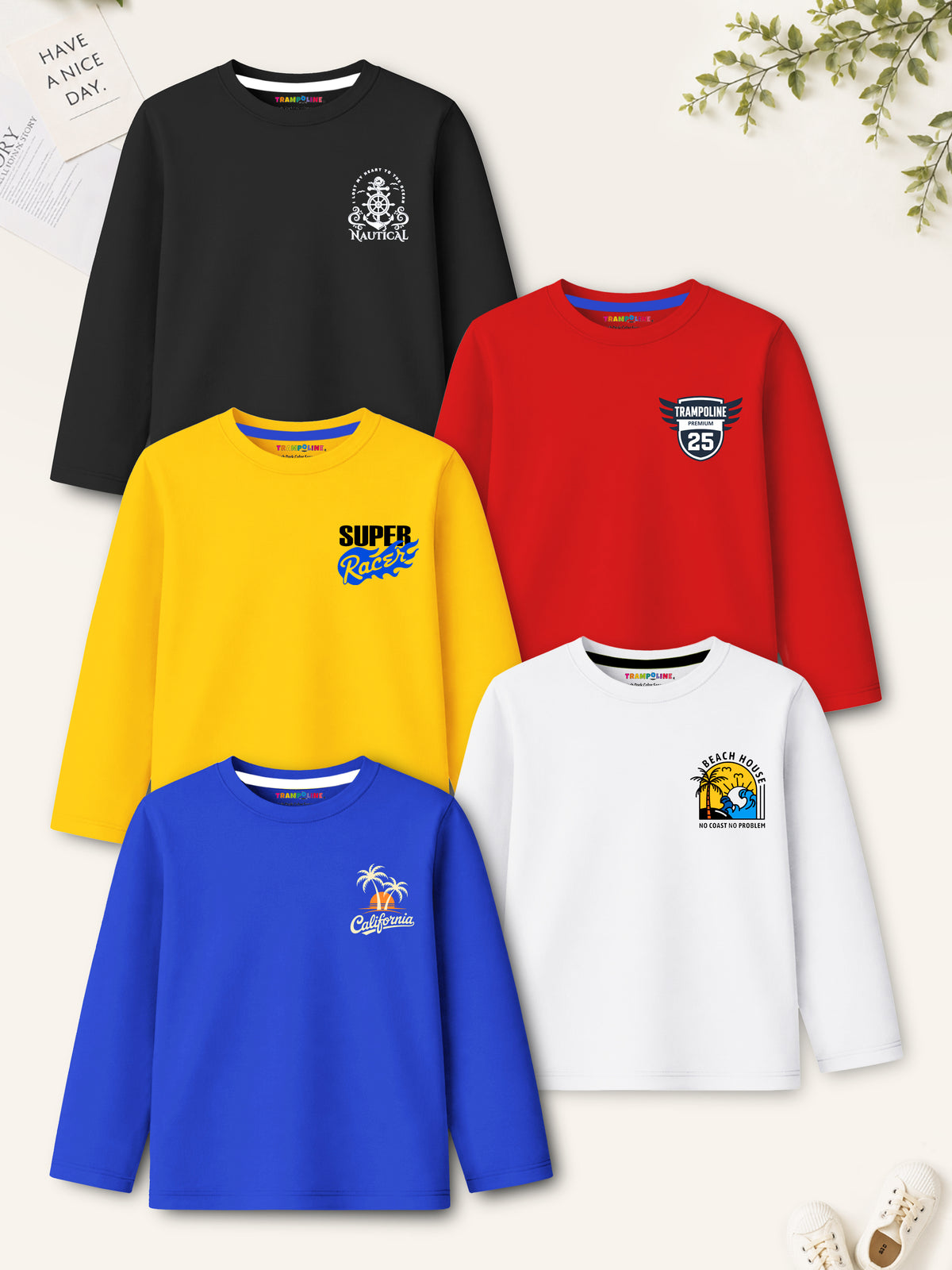 Trampoline Boys Cotton Blend Space, Beach & Typography Print Full Sleeve T-Shirts – Pack of 5 (Multi Colour)