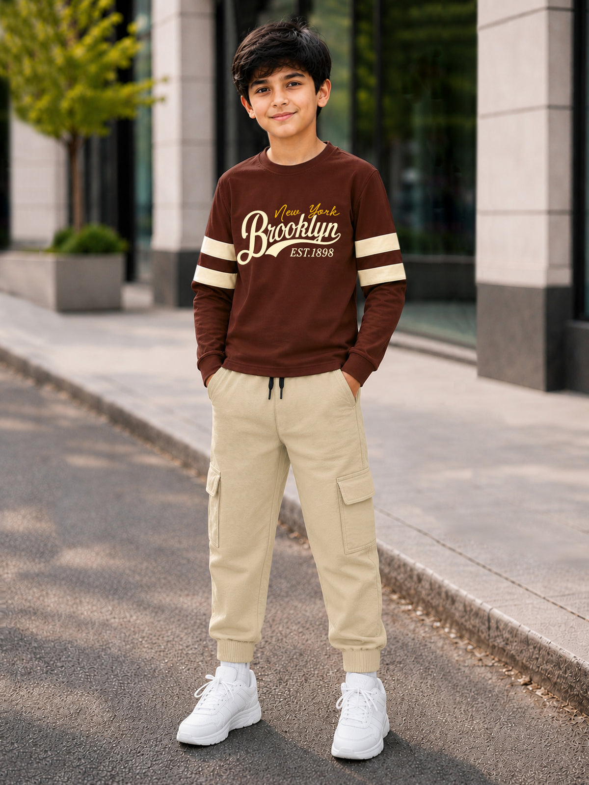 Trampoline Boys Cotton Blend Brooklyn Graphic T-Shirt with Cargo Jogger Set – Brown & Beige
