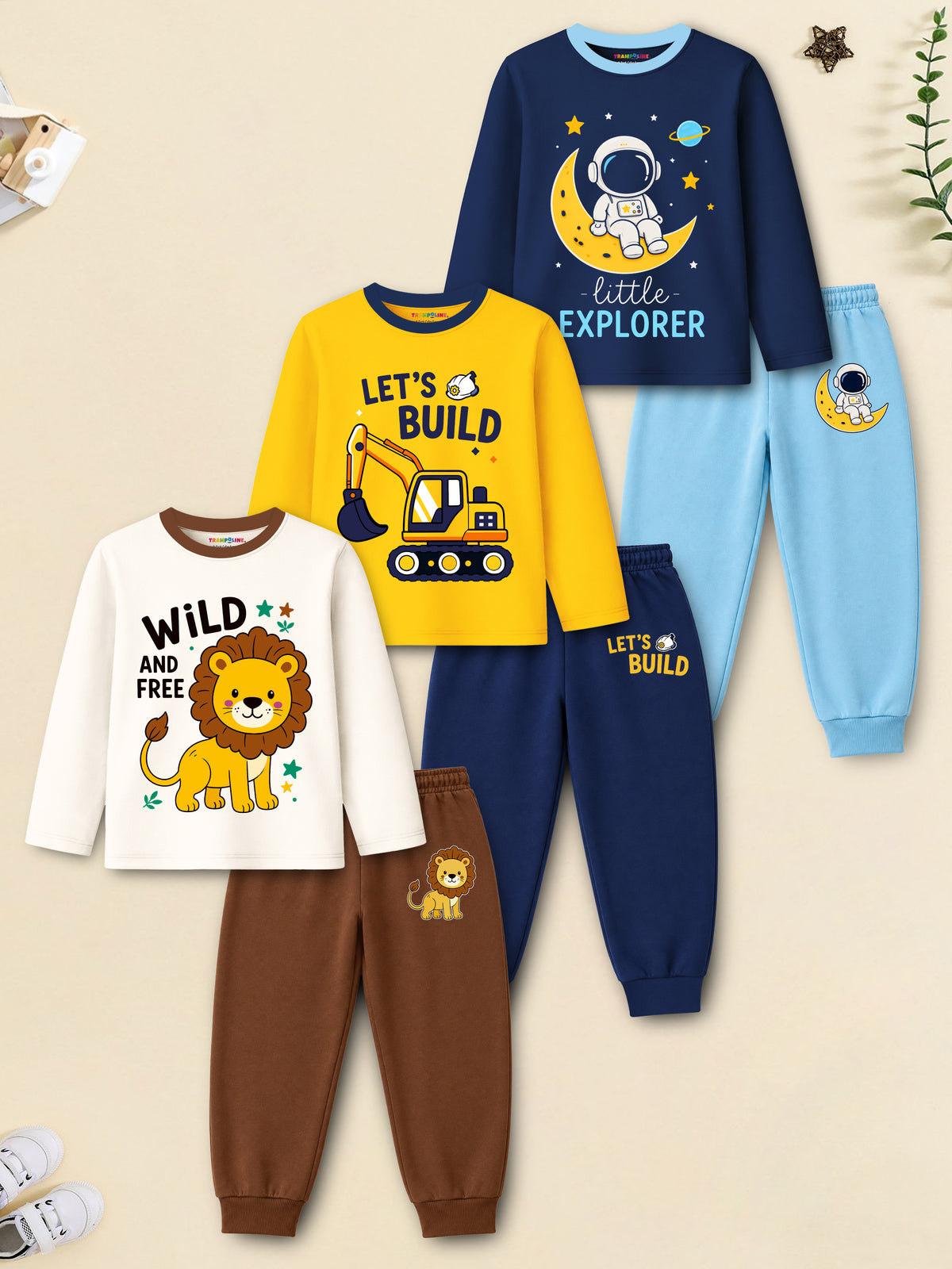 Trampoline Boys Cotton Blend Construction & Lion Print T-Shirt & Pyjama Set – Pack of 3 (Multi Colour)