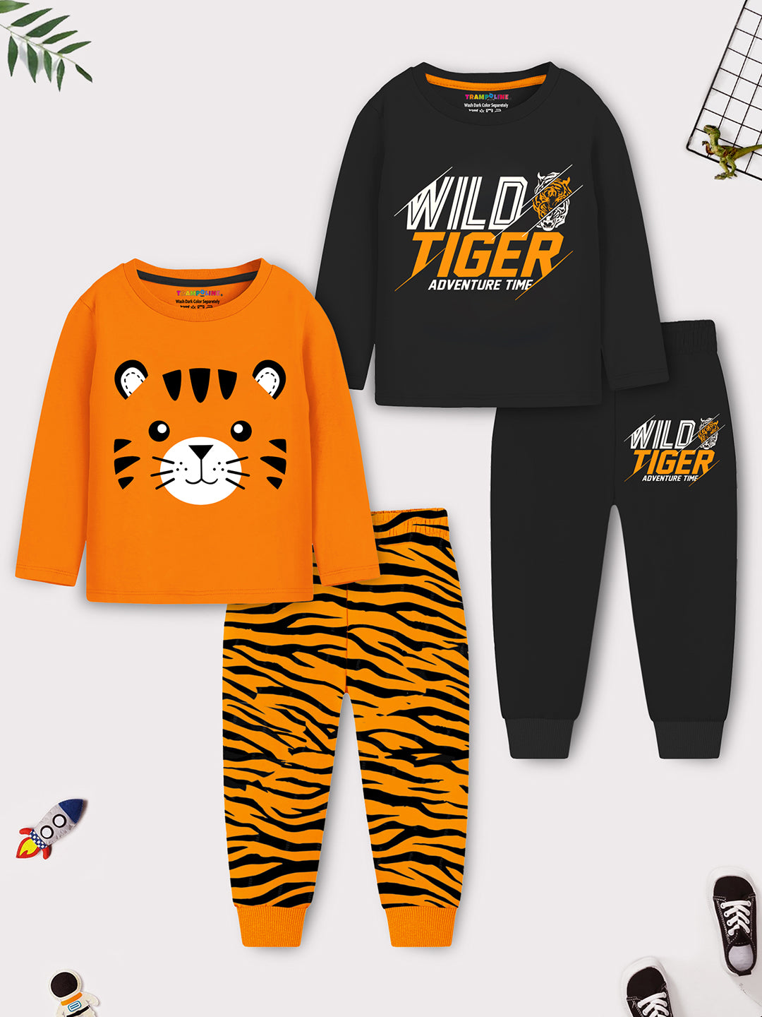 Trampoline Kids Boys Wild Tiger T-Shirt & Pajama Set Pack of 2 - Black & Orange