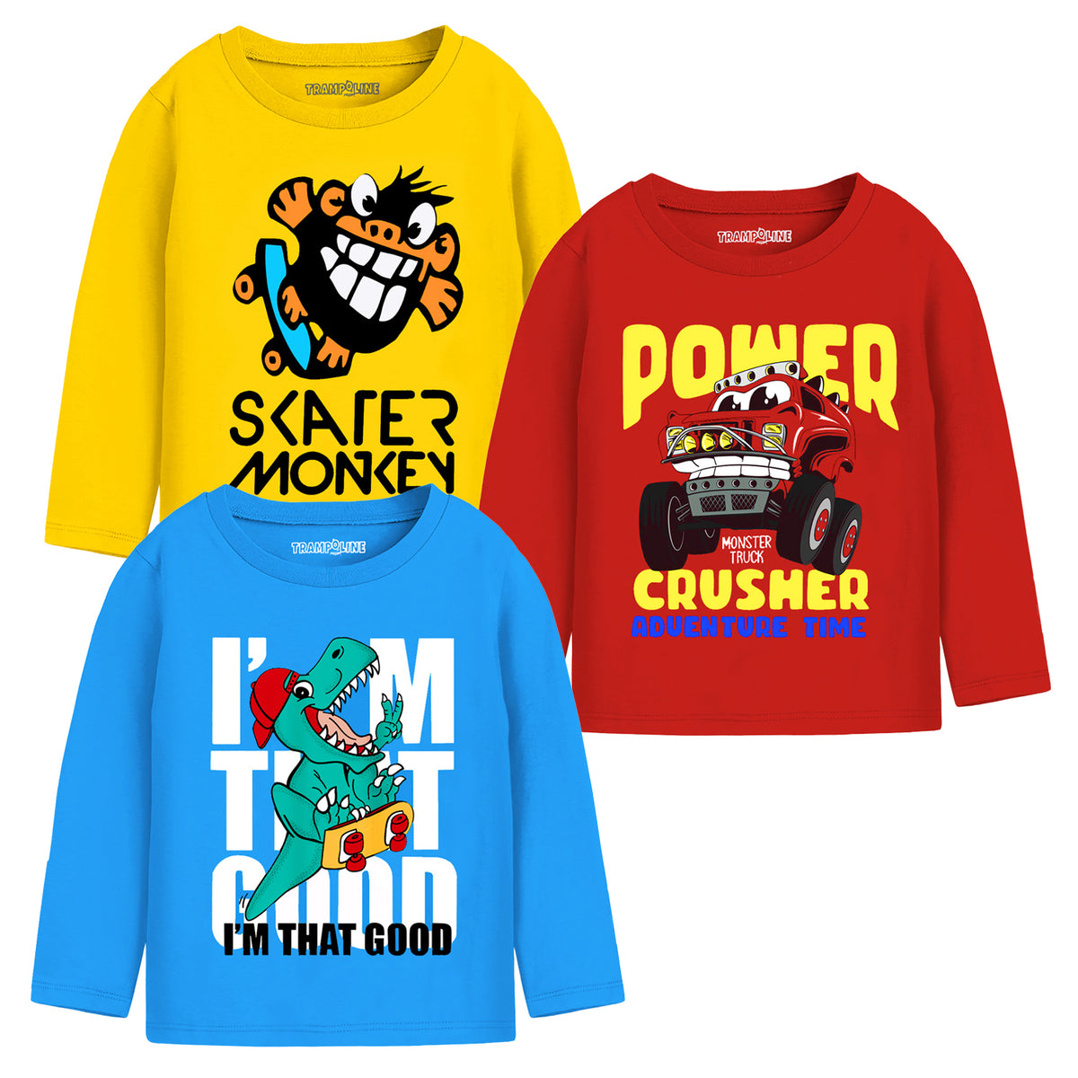Trampoline Boys Full Sleeves Regular Fit T-Shirt (Pack of 3)