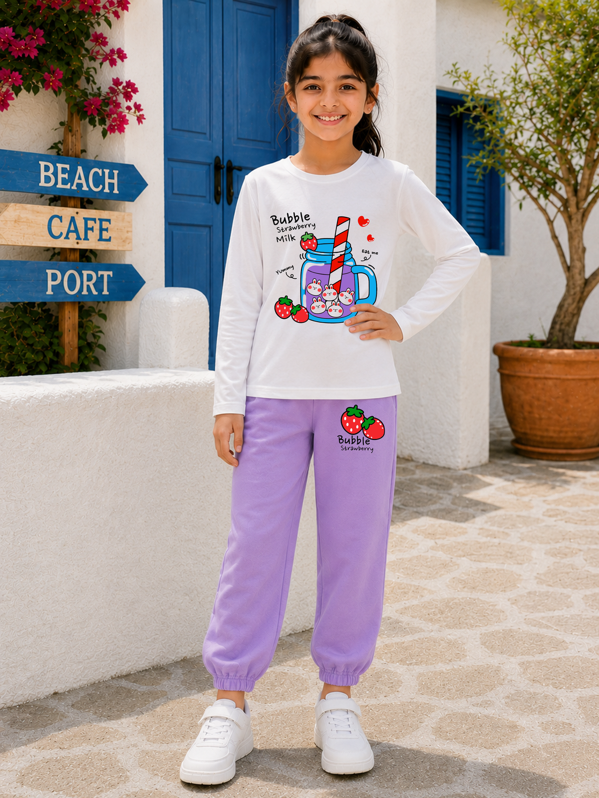 Trampoline Girls Cotton Blend Bubble Strawberry Milk Print T-Shirt & Sweatpants Set – White & Purple