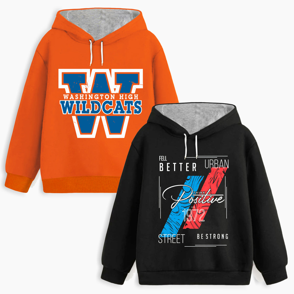 Trampoline Fleece Knit Full Sleeves Wildcats Printed Winter Sweatshirt Pack Of 2 - Black Orange