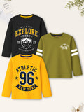 Trampoline Boys Cotton Blend Varsity Print Full Sleeve T-Shirts – Pack of 3 (Multi Colour)