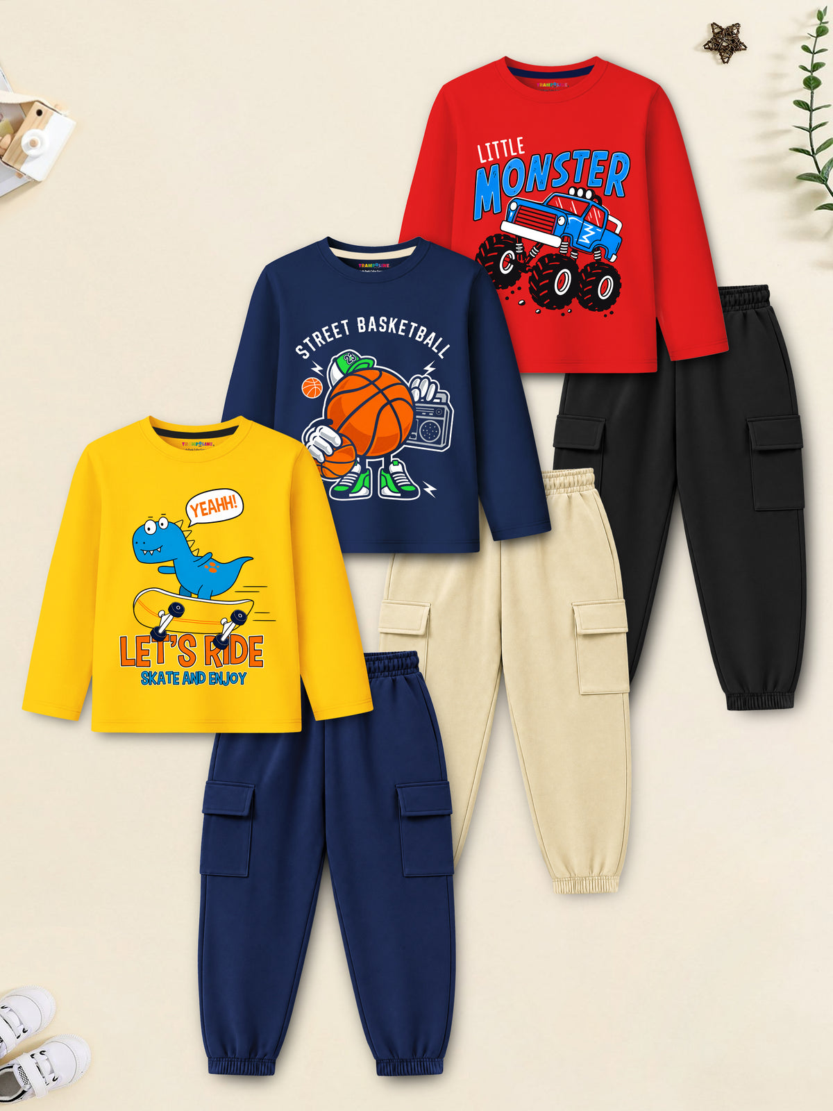 Trampoline Boys Cotton Blend Dino & Little Monster Print T-Shirt & Pyjama Set – Pack of 3 (Multi Colour)