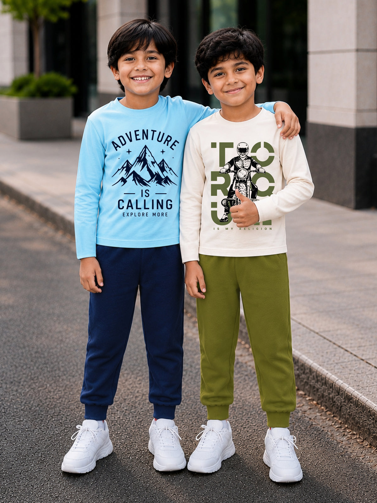 Trampoline Boys Cotton Blend Vehicle & Mountains Print T-Shirt & Pyjama Set – Pack of 2 (Multi Colour)