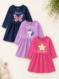 Trampoline Girls Cotton Blend Butterfly, Unicorn & Star Print Dress – Pack of 3 (Navy Blue, Purple & Pink)