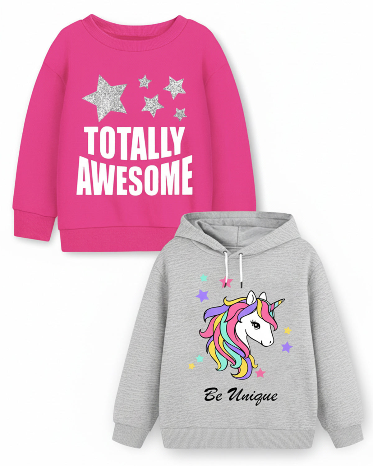 Trampoline Fleece Knit Full Sleeves Totally Awesome & Unicorn Printed Winter Sweatshirt Pack of 2 - Pink Grey