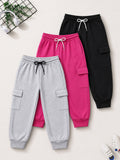 Trampoline Girls Solid Cargo Joggers with 4 Pockets – Pack of 3 (Grey, Pink & Black)