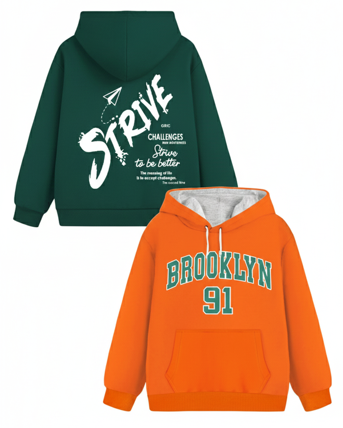 Trampoline Fleece Knit Full Sleeves Strive & Brooklyn Printed Winter Sweatshirt Pack Of 2 - Green Orange