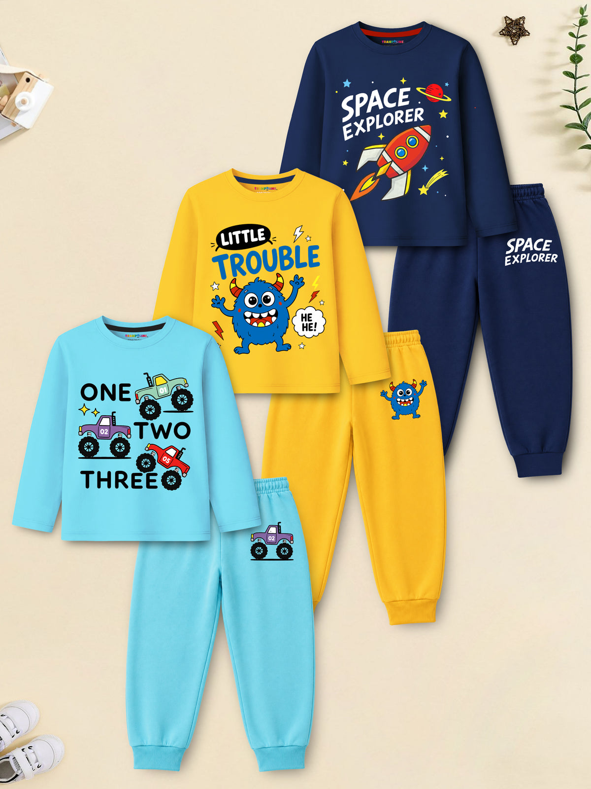 Trampoline Boys Cotton Blend Car & Space Print T-Shirt & Pyjama Set – Pack of 3 (Multi Colour)