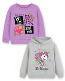 Trampoline Fleece Knit Full Sleeves Text & Unicorn Printed Winter Sweatshirt Pack of 2 - Purple Grey