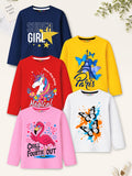 Trampoline Girls Cotton Blend Unicorn & Butterfly Print Full Sleeve T-Shirts – Pack of 5 (Multi Colour)