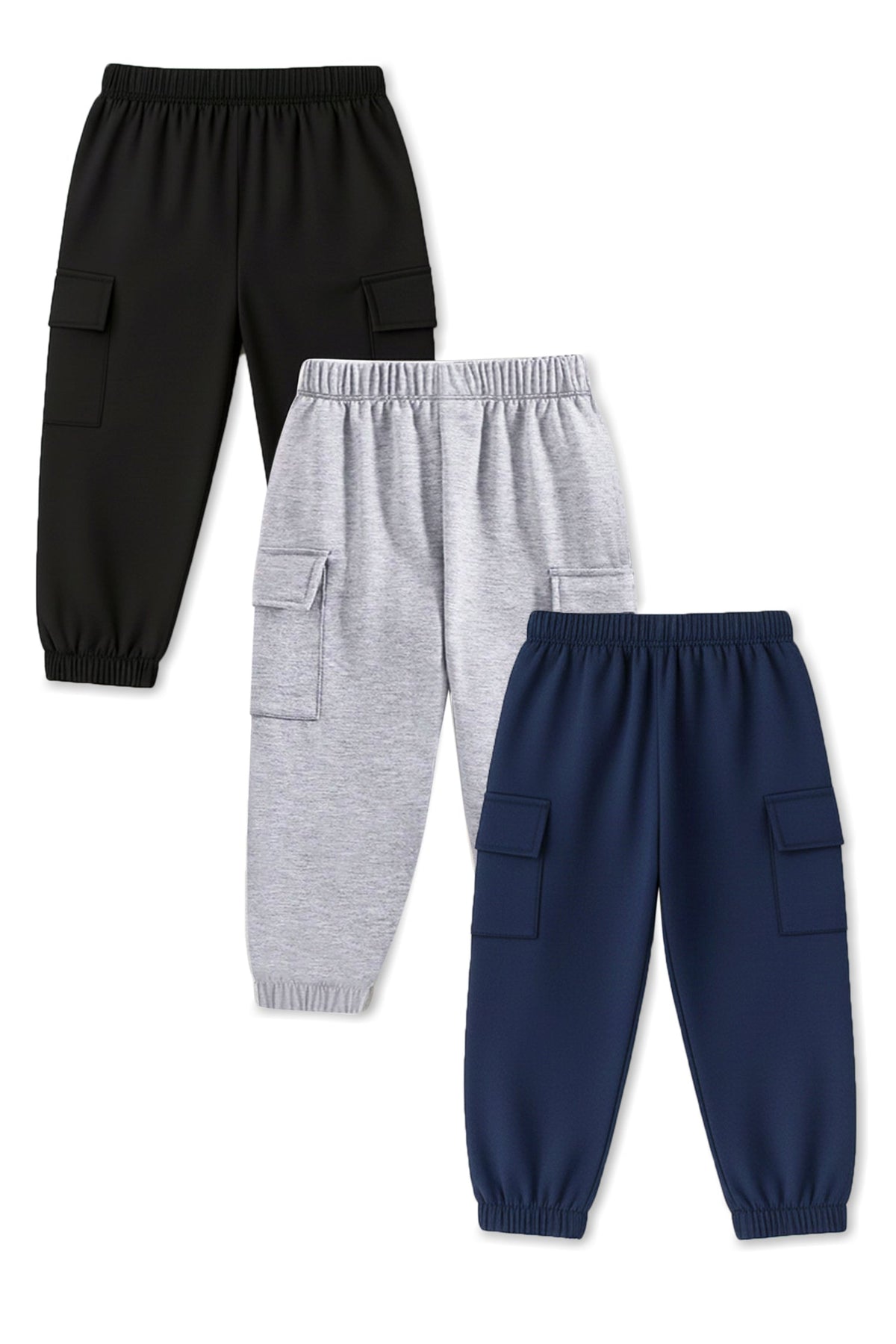 Trampoline Cotton Blend Knit Pack Of 3 Solid Cargo Joggers - Black Blue & Grey