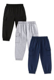 Trampoline Cotton Blend Knit Pack Of 3 Solid Cargo Joggers - Black Blue & Grey